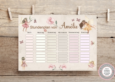 zuckersüßer Stundenplan, Feen Elfen, personalisiert mit Deinem Wunschnamen, Print A4 Einschulung Klassenwechsel  von Lüttentüddel®